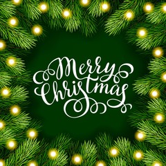 Merry Christmas hand lettering inscription with frame of fir branches
