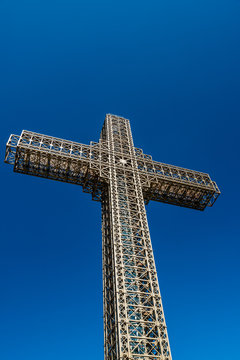 Great cross of steel structure against blue sky, Millennium Cross. Skopje, Macedonia.