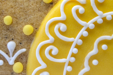 Gingerbread decorated with icing. Baking Decoration. Close-up of part of gingerbread 