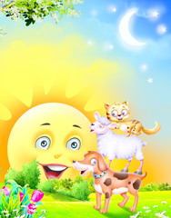 Dog, sheep, cat in front of sun