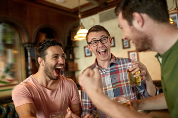 football fans or friends with beer at sport bar