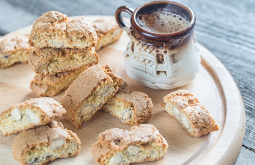 Cantuccini with almonds and cup of coffee