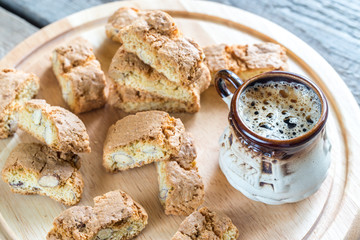 Cantuccini with almonds and cup of coffee