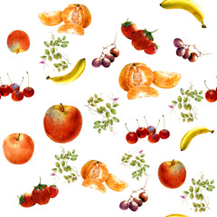 watercolor painting many fruits seamless pattern , on white background