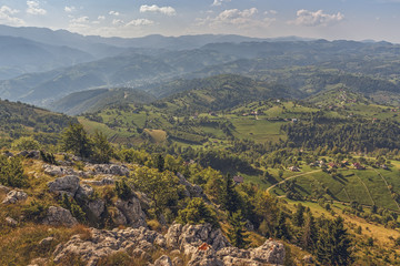Fototapeta premium Scenic aerial mountain landscape of the vast Bran-Rucar pass in Transylvania region, Romania. Picturesque travel destinations.