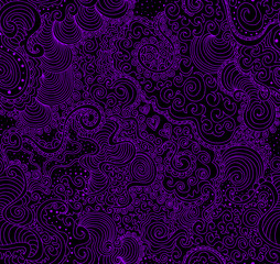 Decorative violet abstract vector seamless pattern with wavy curling lines, doodles, floral ornaments and shapes
