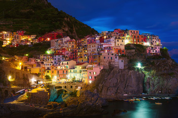 Fototapeta na wymiar Waterfront cliff town of Manarola at night, Cinque Terre, Liguria, Italy