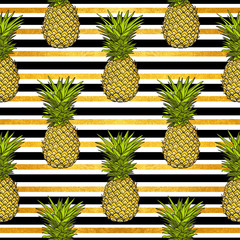 pineapple tropical vector seamless pattern and gold stripes. textile print fashion seamless illustration . print in the style retro of 80's.