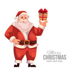 Cartoon style Santa Claus holding a small gift box, Christmas vector greeting card. Full length portrait of Santa holding a little present box, greeting card template for Christmas eve