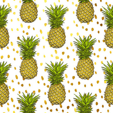 pineapple tropical vector seamless pattern and gold dots background. textile print fashion seamless illustration . print in the style retro of 80's.