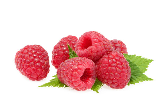 Raspberries with leaves isolated