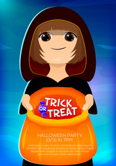 Halloween poster with pretty vampire girl. Trick or treat. Halloween party. Vector illustration