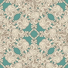 Seamless decorative zentangle graphic pattern on teal background