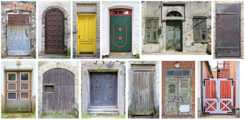 collection of old and new, wooden and metal entrance doors and gates in different colors from the street