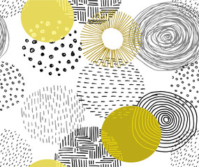 Hand-drawn textures and brushes pattern. Line art repeated background. Brush strokes, paint dabs, dots, curves, lines, abstract backgrounds, patterns made with ink. Isolated vector