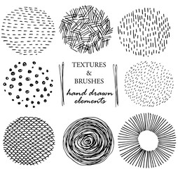 Set of the hand drawn textures and brushes. Collection of the artistic design elements. Brush strokes, paint dabs, dots, curves, lines, abstract backgrounds, patterns made with ink. Isolated vector