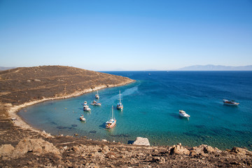 Obraz premium Blue Lagoon and ships. View from above on sea.