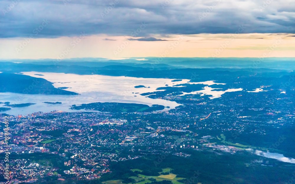 Sticker View of Oslo from an airplane on the approach to Gardermoen Airport