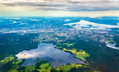 View of Oslo from an airplane on the approach to Gardermoen Airport - obrazy, fototapety, plakaty