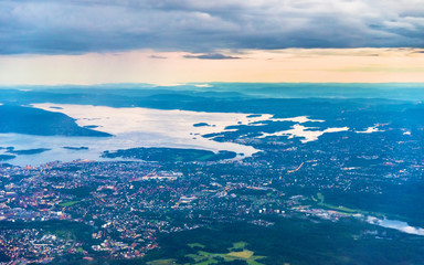 View of Oslo from an airplane on the approach to Gardermoen Airport