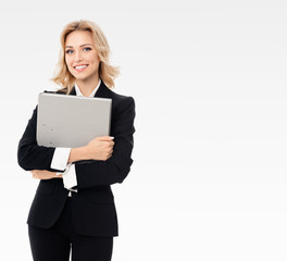 Young smiling businesswoman with grey folder