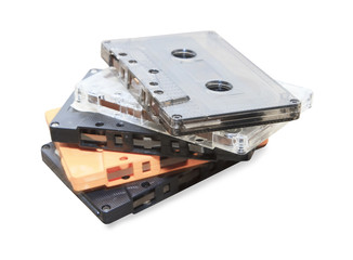 group of Old cassette tapes on white background