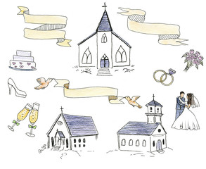 Hand-drawn wedding doodles set: bridegroom and bride, chapels, rings, bouquet, cake and decorative ribbons.