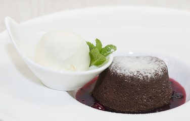 poppy seed dessert with ice cream on white background