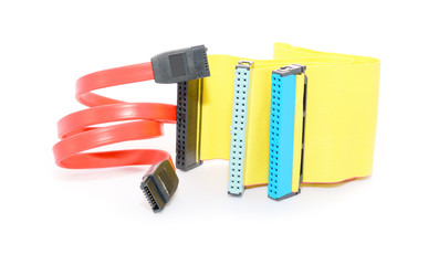 Serial ATA and IDE cables isolated on white background
