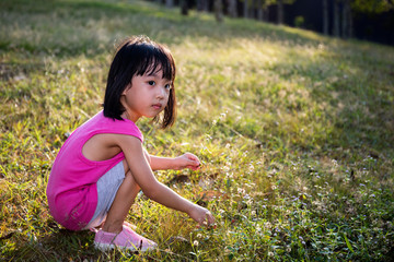 Happy Asian Chinese Little Girl Picking Wild Flowers