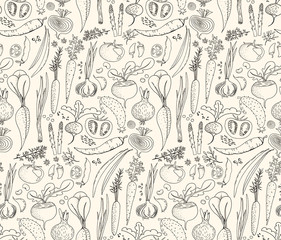 Hand-drawn seamless doodles pattern with different vegetables: tomato, onion, beet, cucumber etc. Harvest repeated background. Line art - obrazy, fototapety, plakaty