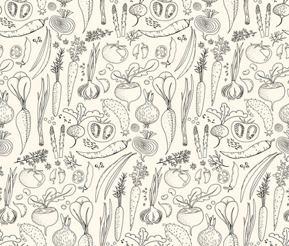 Hand-drawn seamless doodles pattern with different vegetables: tomato, onion, beet, cucumber etc. Harvest repeated background. Line art