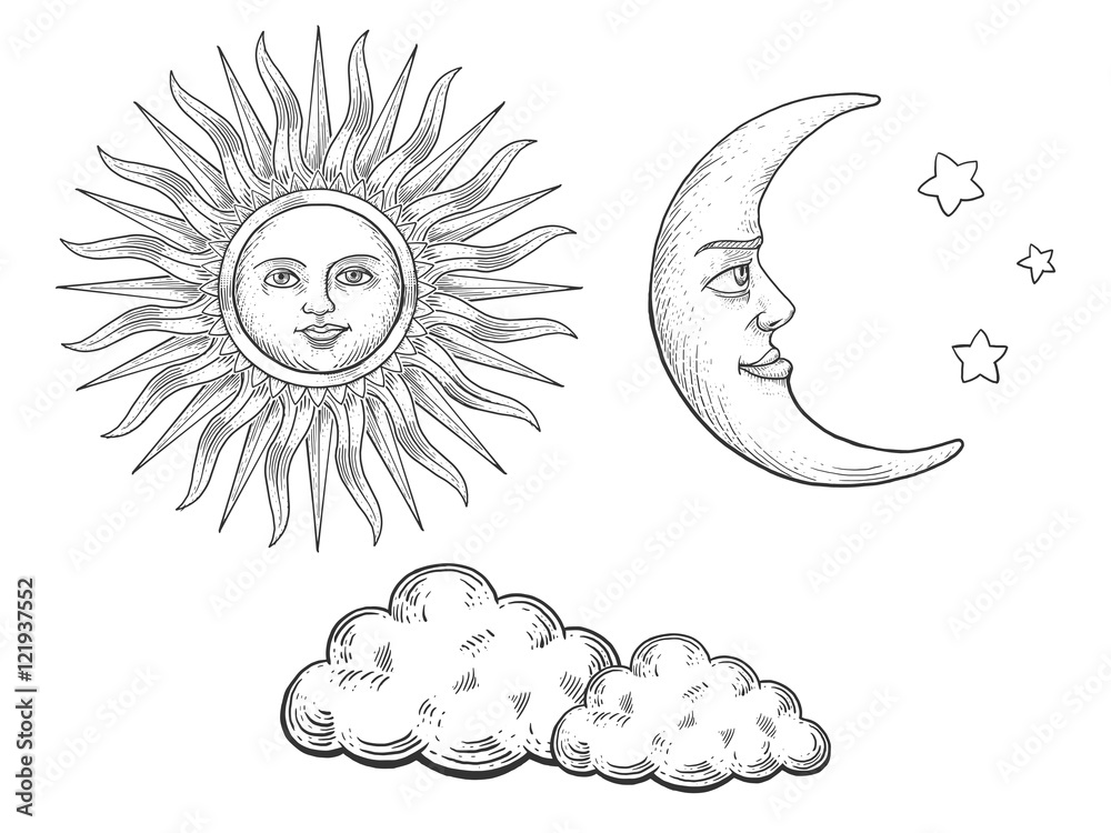 Wall mural sun moon with face and clouds engraving vector