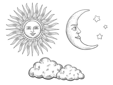 Sun moon with face and clouds engraving vector