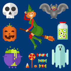 Flat design vector icons set of Halloween. Pumpkin, beautiful smiling witch on broom in hat, candy and lollipop, ghost, bottle with eyes, pot with boiling magic potion, skull and vampire bat.