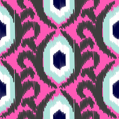 Ikat ogee vector seamless pattern. Abstract floral background for fabric, print or wrapping paper. Gray on hot pink design.