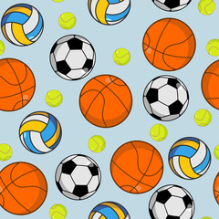 Sports ball seamless pattern. Balls ornament. Basketball and foo