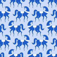 horse Gzhel painted seamless pattern. Russian National Folk orna