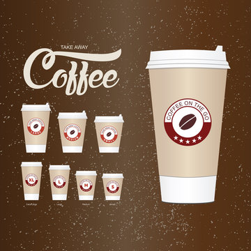 Coffee on the go cups. Different sizes of take away paper coffee cups vector illustration.
