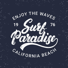 Surf paradise hand written lettering typography for label, badge, tee print in vintage style.