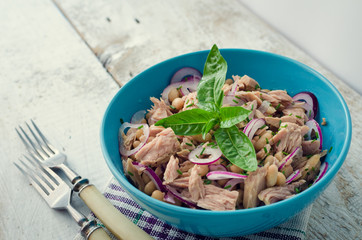 Tuna salad with white beans and red onions