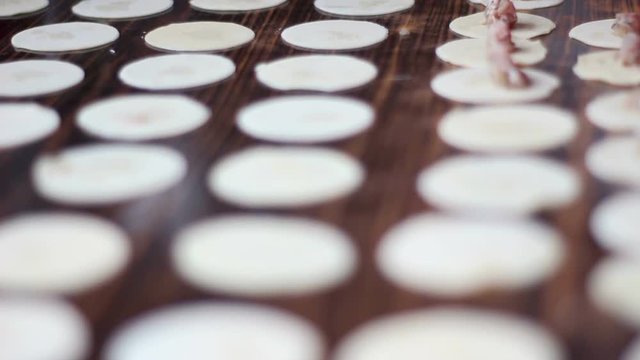 Close up of a preparing an eastern meal with dough in a kitchen. Putting meat in the middle of circle sliced dough. Meal called dushbara