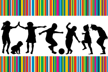 Card with silhouettes of children playing and colored stripes © hibrida