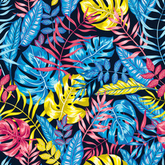 Panele Szklane  bezszwowe graficzne artystyczne tropikalnej natury wzór dżungli, nowoczesny stylowy tło liści na całej powierzchni z rozszczepionym liściem, filodendronem, liściem palmowym, liściem paproci
