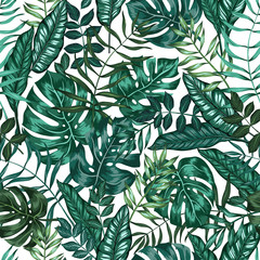 seamless graphical artistic tropical nature jungle pattern, modern stylish foliage background allover print with split leaf, philodendron, palm leaf, fern frond - obrazy, fototapety, plakaty