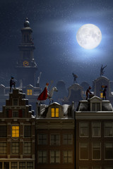Sinterklaas and the Pieten on the rooftops at night - 121941964