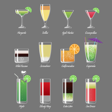 Alcoholic cocktails vector illustration. Margarita and cosmopolitan