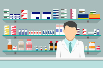 Modern interior pharmacy with male pharmacist