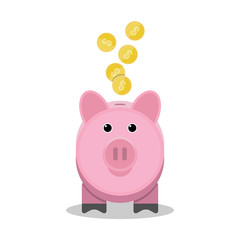 Piggy bank with gold coins. Toy pink pig money box