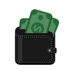 Black leather stitched wallet with cash money. Vector icon illustration isolated on white background.